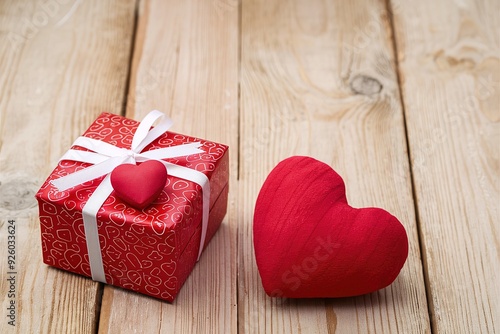 red gift box with pea pattern, white ribbon and heart on wooden background. holiday concept, valentine's day photo