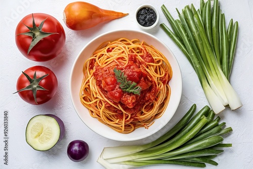 Spaghetti with tomato sauce and vetable on white background photo