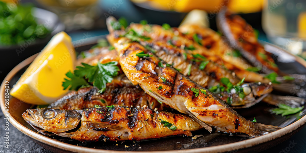 Grilled sardines. AI generative. Grilled sardines. AI generative.
