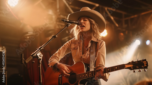 Female country singer with a cowboy hat, playing guitar on stage