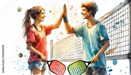 pickleball youth relationship - the moment of building closer relationships during a pickleball game - the watercolor illustration