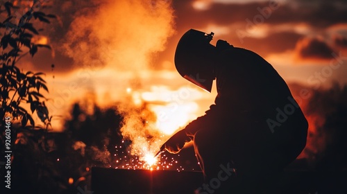 Solitary Craftsman: A Welder's Silhouetted Dedication Against a Fiery Industrial Sunset.Ideal for industrial, craftsmanship, and manual labor themes.