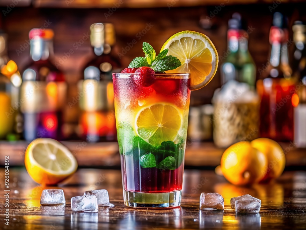Vibrant multicolored fruit cocktail with ice, lemon, and mint garnish sits on a trendy bar countertop amidst soft drinks, sparking a lively nightlife ambiance. Vibrant multicolored fruit cocktail with ice, lemon, and mint garnish sits on a trendy bar countertop amidst soft drinks, sparking a lively nightlife ambiance.