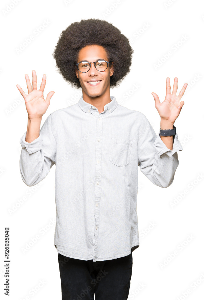 Young african american man with afro hair wearing glasses showing and pointing up with fingers number nine while smiling confident and happy. Young african american man with afro hair wearing glasses showing and pointing up with fingers number nine while smiling confident and happy.
