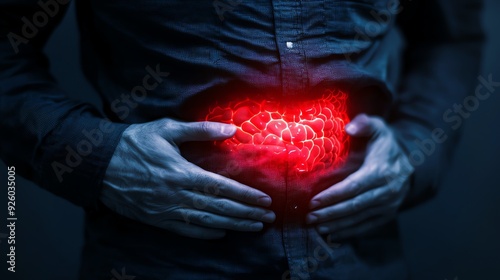 Detailed capture of a person pressing their abdomen, representing sharp stomach pain and hurt, digestive health photo