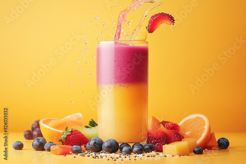 A colorful smoothie being poured into a glass, with ingredients scattered around.
