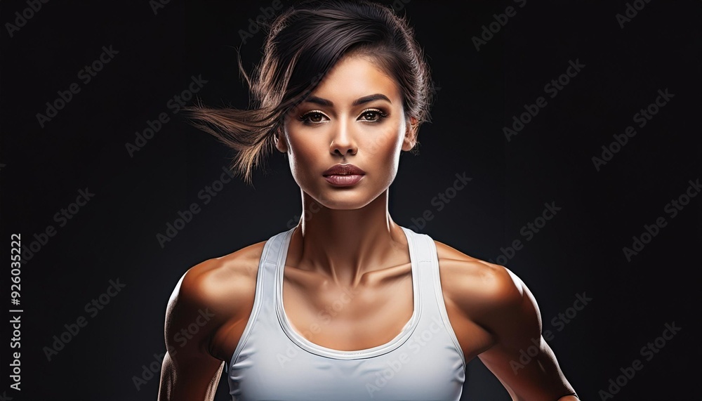portrait of a brunette woman runner wearing white top on black background portrait of a brunette woman runner wearing white top on black background