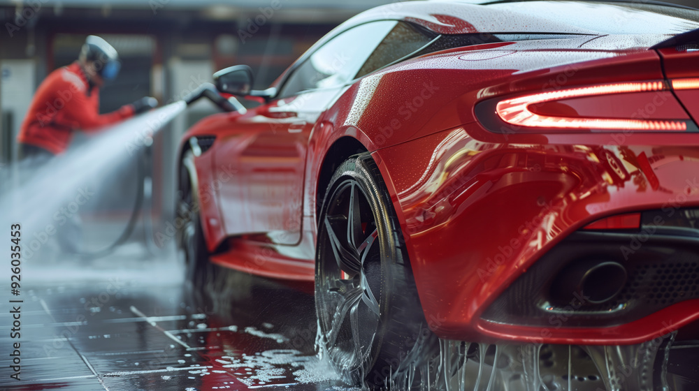 Fototapeta premium Red modern sportscar being meticulously cleaned by a car wash expert