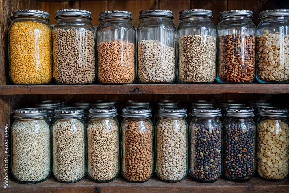 A variety of grains and legumes in glass jars, neatly arranged on a shelf. A variety of grains and legumes in glass jars, neatly arranged on a shelf.