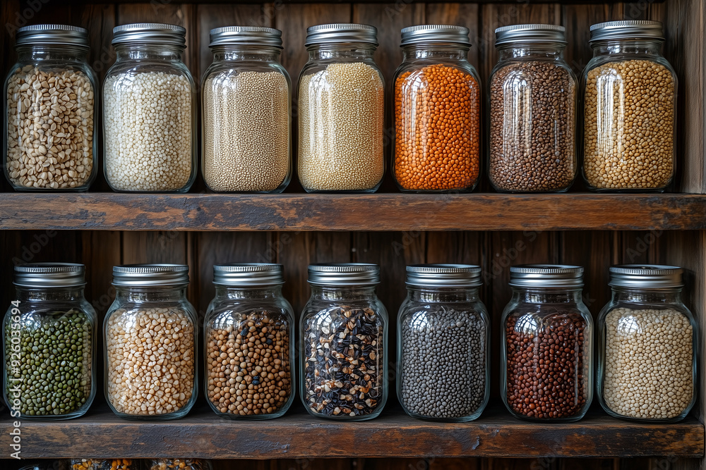Grains and legumes in glass jars, neatly arranged. Grains and legumes in glass jars, neatly arranged.