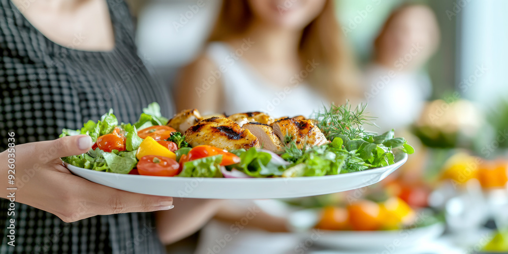 Photo of a woman serving a plate of colourful salad and chicken. AI generative. Photo of a woman serving a plate of colourful salad and chicken. AI generative.