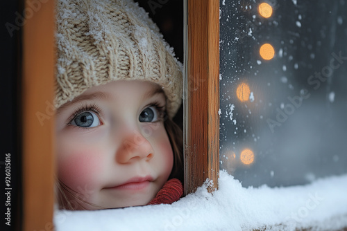 A child peeking out of a window, watching for Santa Claus on Christmas Eve.