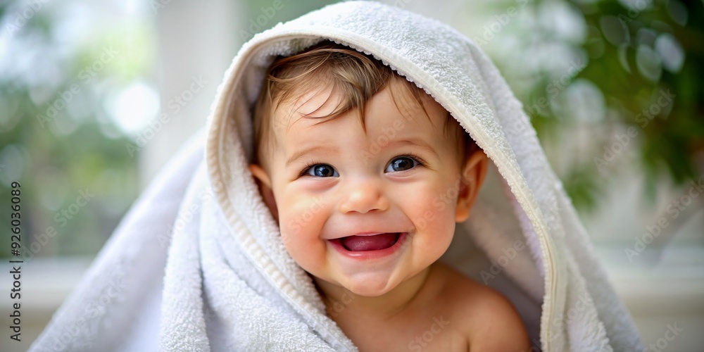 Adorable little boy wrapped in a towel, beaming with joy, water droplets on his nose, and a tiny tuft of hair peeking out from under the towel. Adorable little boy wrapped in a towel, beaming with joy, water droplets on his nose, and a tiny tuft of hair peeking out from under the towel.