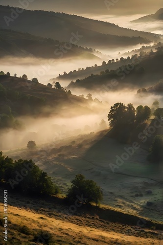 A breathtaking view of mountains at sunrise, with dense fog rolling over a pine forest.