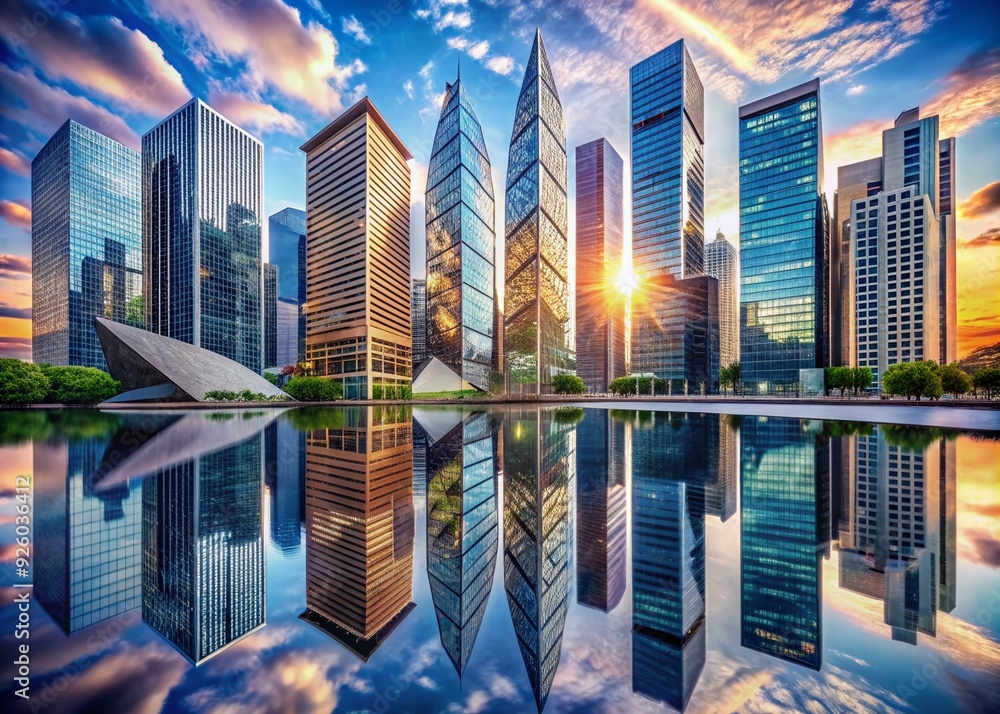 Modern cityscape showcasing sleek skyscrapers with angular lines ...