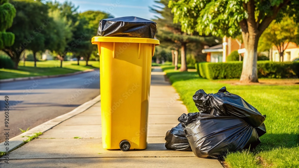 _ A bright yellow trash can with a black lid and a few loose garbage bags sits at the edge of a suburban sidewalk. _ A bright yellow trash can with a black lid and a few loose garbage bags sits at the edge of a suburban sidewalk.