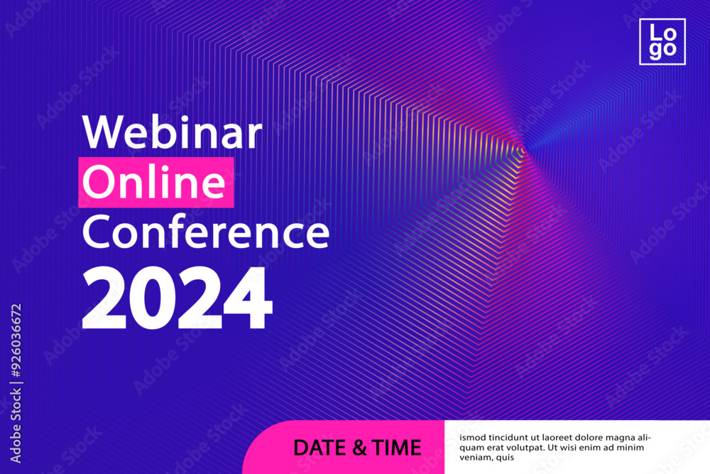 Fototapeta premium Abstract webinar online conference background with vibrant purple and pink light rays and copy space for business events.
