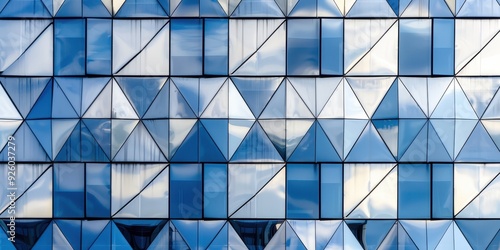 Close-up of modern architectural facade featuring reflective triangular glass panels photo