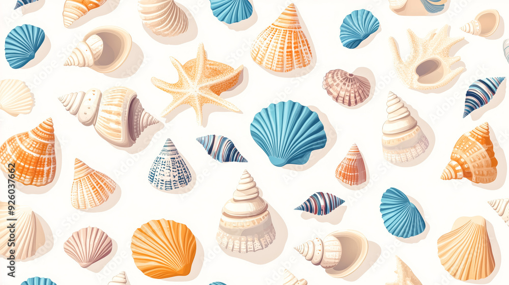 A vibrant collection of seashells in various shapes, colors, and sizes, scattered playfully on a white background. A vibrant collection of seashells in various shapes, colors, and sizes, scattered playfully on a white background.
