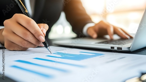 A business professional signing documents and analyzing graphs, embodying focus and determination in a modern office environment.