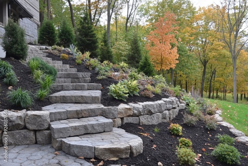 Stone steps lead to a house in the woods. This image is perfect for websites, brochures, or articles focused on landscaping, home design, or outdoor living. photo