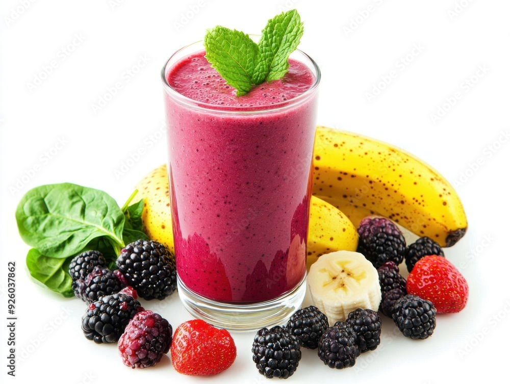 A vibrant smoothie made with berries, banana, and spinach, garnished with mint leaves. A vibrant smoothie made with berries, banana, and spinach, garnished with mint leaves.