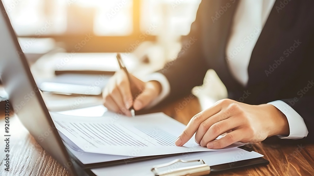 A female Asian professional in a suit focuses on signing documents at a bright, modern office, conveying diligence and commitment to her work. A female Asian professional in a suit focuses on signing documents at a bright, modern office, conveying diligence and commitment to her work.