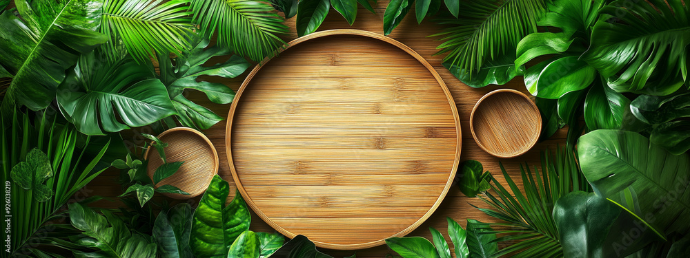 A lush jungle scene with a circular wooden serving tray as the focal point, surrounded by vibrant green leaves and sunlight filtering through the foliage. A lush jungle scene with a circular wooden serving tray as the focal point, surrounded by vibrant green leaves and sunlight filtering through the foliage.