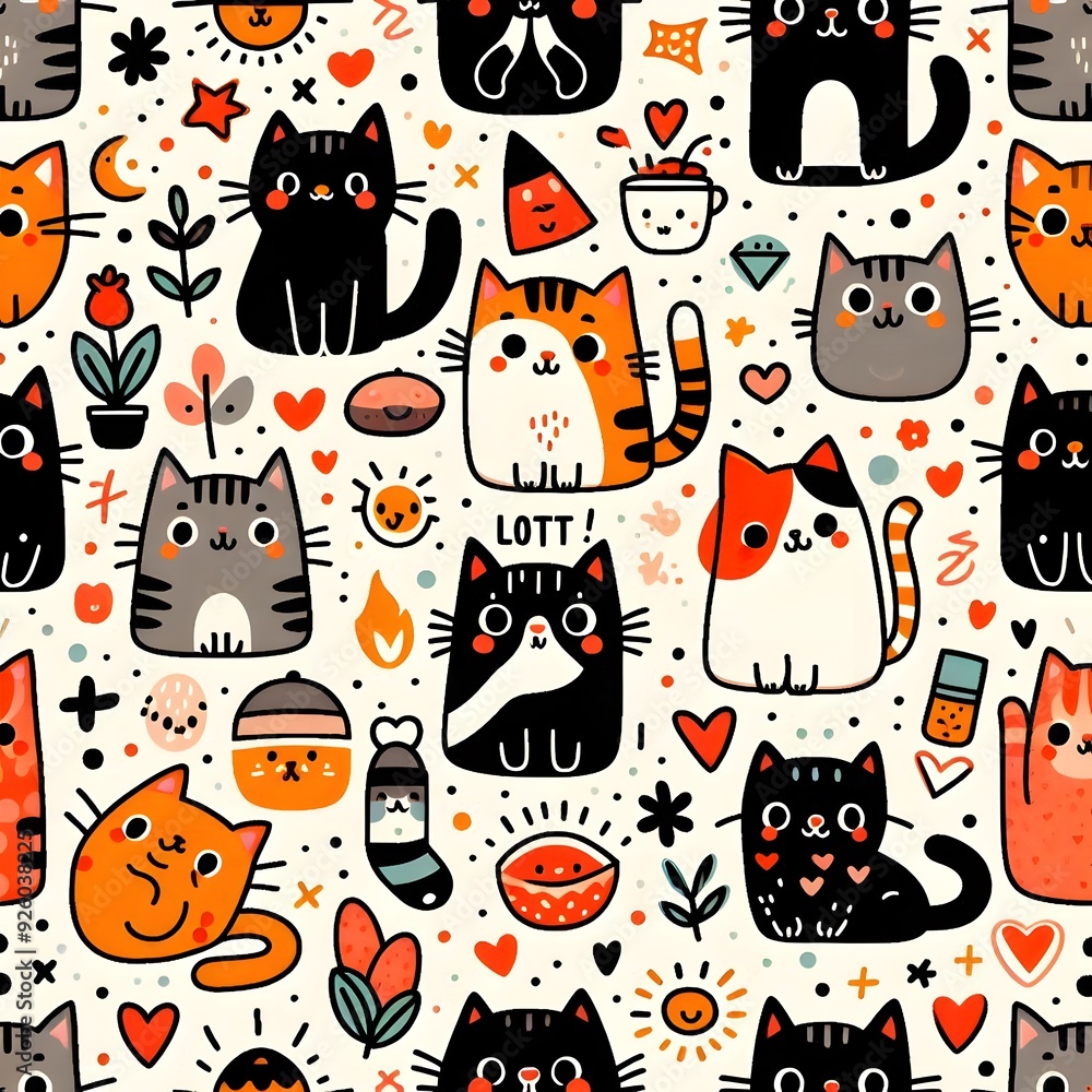 Cute Cat Seamless Pattern with Doodle Elements Cute Cat Seamless Pattern with Doodle Elements
