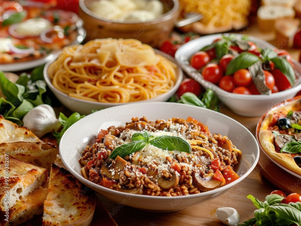 A vibrant spread of Italian dishes featuring pasta, salad, bread, and fresh ingredients. A vibrant spread of Italian dishes featuring pasta, salad, bread, and fresh ingredients.