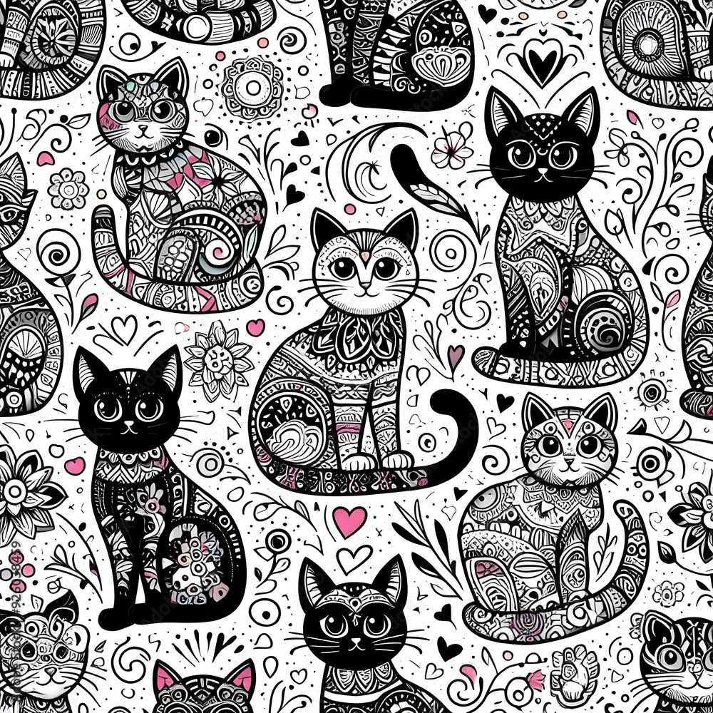 Fototapeta premium Seamless Pattern with Ornate Cats and Floral Elements