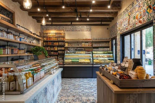 A well-lit gourmet food shop with shelves of products. Perfect for showcasing a variety of gourmet foods and ingredients, this photo can be used for food blogs, articles, or restaurant menus.