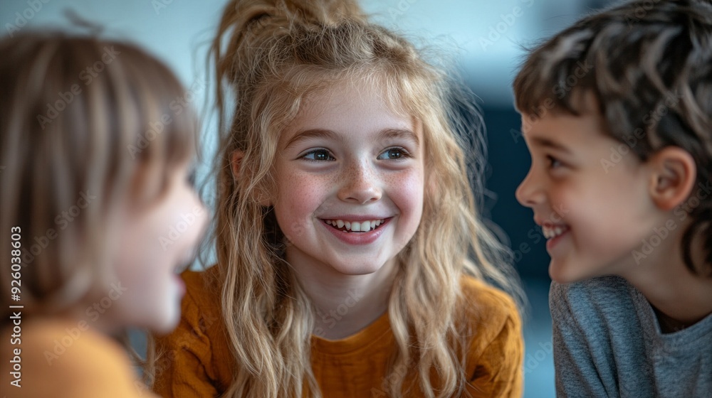 Three children, caught in laughter, enjoy playful interaction together in a warm and inviting atmosphere Three children, caught in laughter, enjoy playful interaction together in a warm and inviting atmosphere