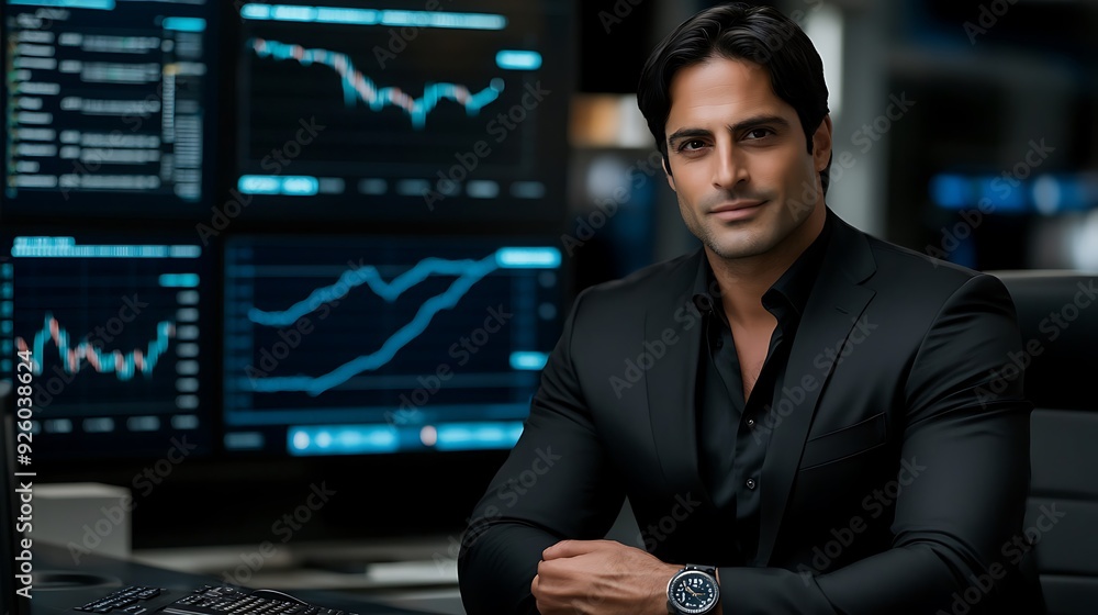 Confident Hispanic male in a sleek black suit, seated in a modern office with financial graphs displayed on screens behind him, exuding professionalism and ambition. Confident Hispanic male in a sleek black suit, seated in a modern office with financial graphs displayed on screens behind him, exuding professionalism and ambition.