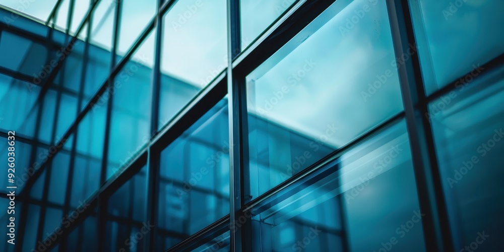 Close-up view of modern architectural glass facade reflecting a clear sky Close-up view of modern architectural glass facade reflecting a clear sky