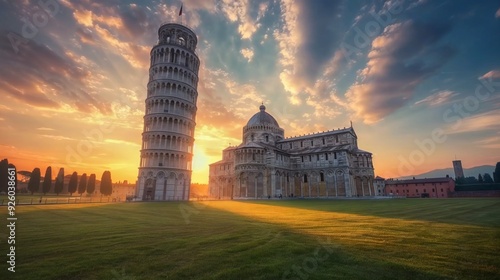 The iconic Leaning Tower of Pisa, standing majestically against the backdrop of a sunset with a cloudy sky.