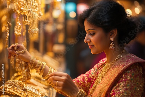 Woman in a jewelry store, looking at gold necklaces. This photo is great for articles about Indian culture, shopping, or luxury.