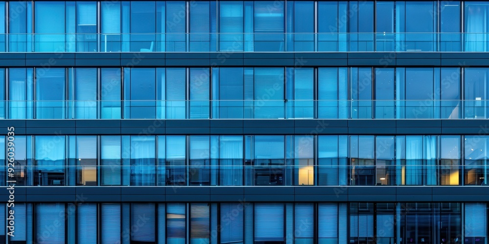 Modern architectural facade showcasing reflective glass and blue tones in a vibrant urban setting Modern architectural facade showcasing reflective glass and blue tones in a vibrant urban setting