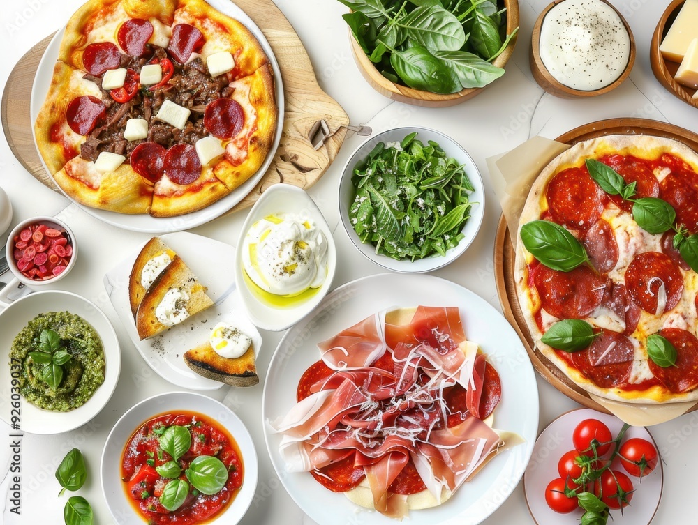 A vibrant spread of Italian dishes including pizzas, salads, and fresh ingredients. A vibrant spread of Italian dishes including pizzas, salads, and fresh ingredients.