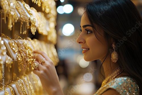 A woman admires golden jewelry. This image is great for showcasing the beauty and luxury of gold jewelry.