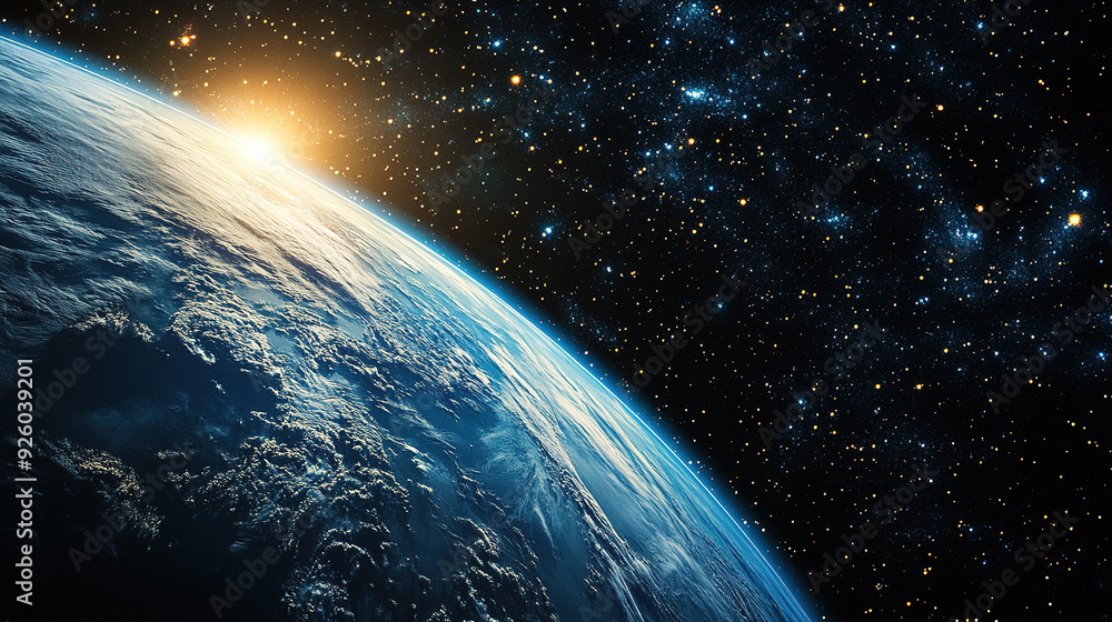 Fototapeta premium A breathtaking view of Earth from space, showcasing the planet's curvature and atmosphere with stunning clarity, set against the dark, star-filled expanse of the universe