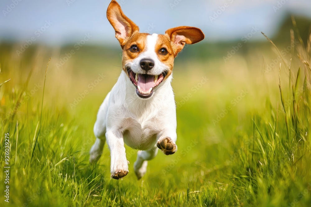 A joyful dog running freely through a lush green field, capturing the essence of happiness and playfulness in nature. A joyful dog running freely through a lush green field, capturing the essence of happiness and playfulness in nature.