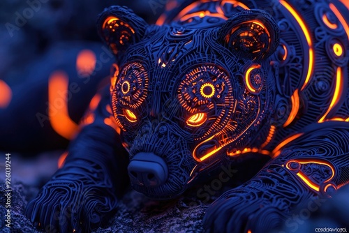 A futuristic bear design with glowing patterns, blending nature and technology in a stunning display of artistry and imagination. photo