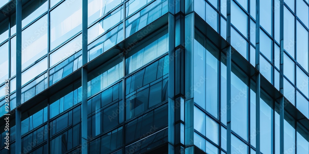 Close-up of modern glass architecture showcasing a sleek facade with reflections and geometric patterns in an urban environment Close-up of modern glass architecture showcasing a sleek facade with reflections and geometric patterns in an urban environment