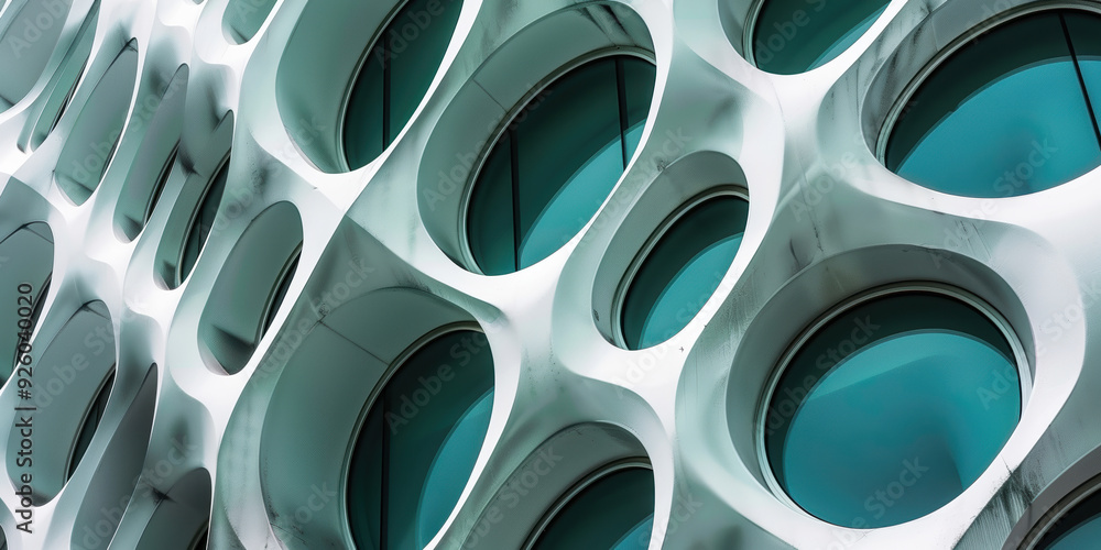 Closeup of a modern architectural facade showcasing abstract circular patterns and turquoise glass elements Closeup of a modern architectural facade showcasing abstract circular patterns and turquoise glass elements