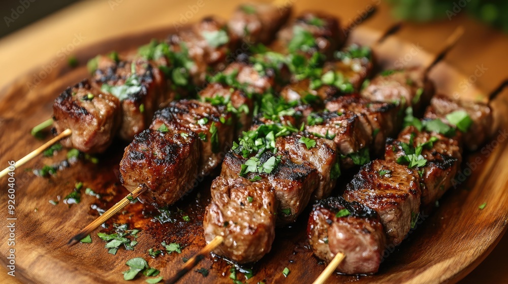 Grilled skewers with beef cubes and herbs. Perfect for a barbecue or grilling recipe. Grilled skewers with beef cubes and herbs. Perfect for a barbecue or grilling recipe.