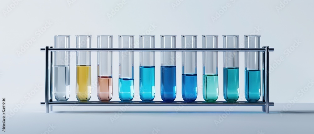 A row of glass beakers with different colored liquids in them A row of glass beakers with different colored liquids in them