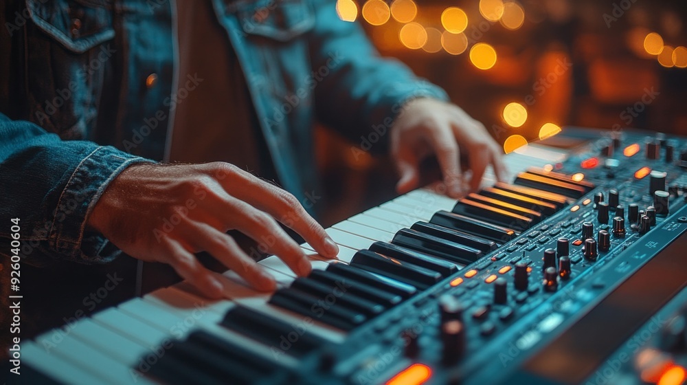 A talented artist passionately plays an electronic keyboard, illuminated by soft, glowing lights that create a mesmerizing atmosphere A talented artist passionately plays an electronic keyboard, illuminated by soft, glowing lights that create a mesmerizing atmosphere