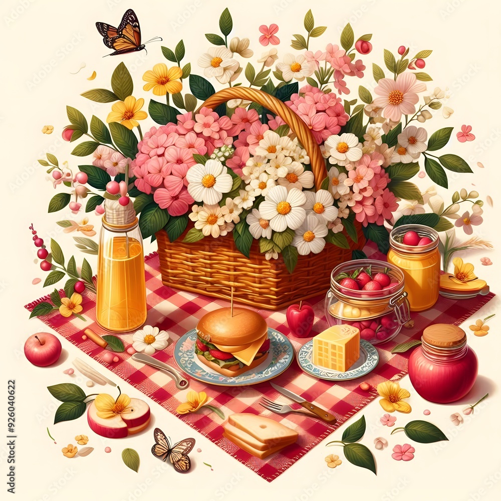 Summer Picnic Basket with Flowers and Food Summer Picnic Basket with Flowers and Food