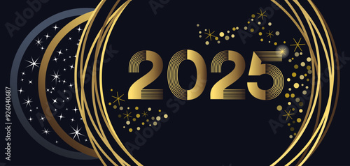 2025 - bannière ou carte aux couleurs noire, blanche et or, pour fêter le nouvel an, sur le thème de l’espace.